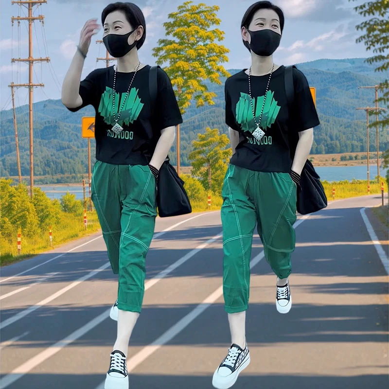 运动套装女款爆款2024新款网红款休闲时尚宽松版短袖长裤两件套