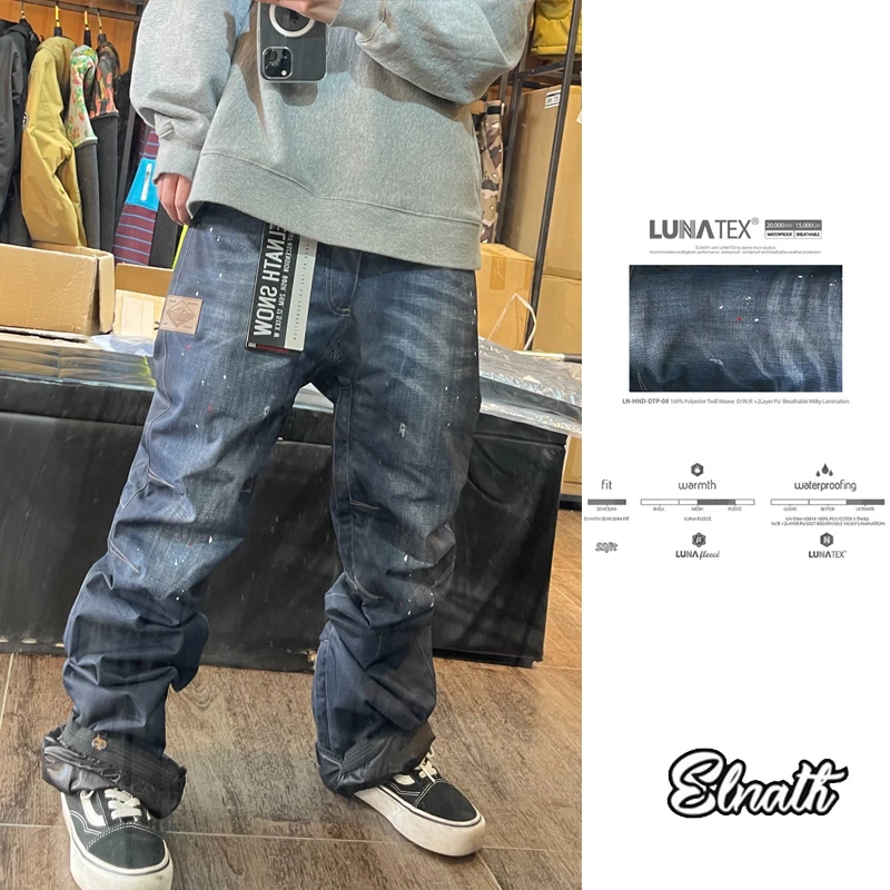 韩国 ELNATH 品牌新款滑雪牛仔防风透气裤牛仔裤防水保暖显瘦蓝色