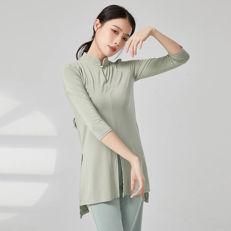 七分袖珍珠旗袍立领舞蹈服练功服女气质中长款成年现代舞教师服装