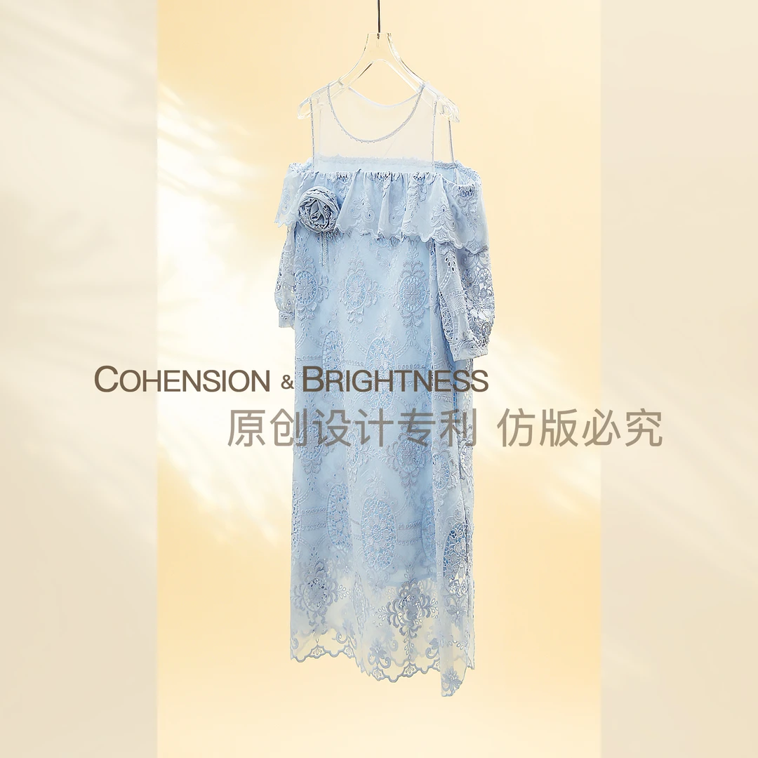凝慧【蔷薇少女】甜美纱网拼接水溶蕾丝镂空花朵连衣裙LN130