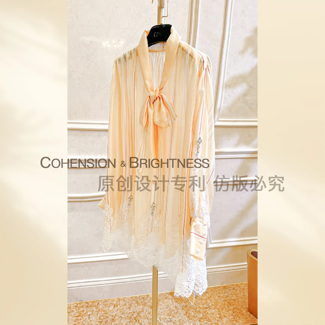 凝慧真的好【轻风细雨】春夏蕾丝拼接系带桑蚕丝国风上衣CP068