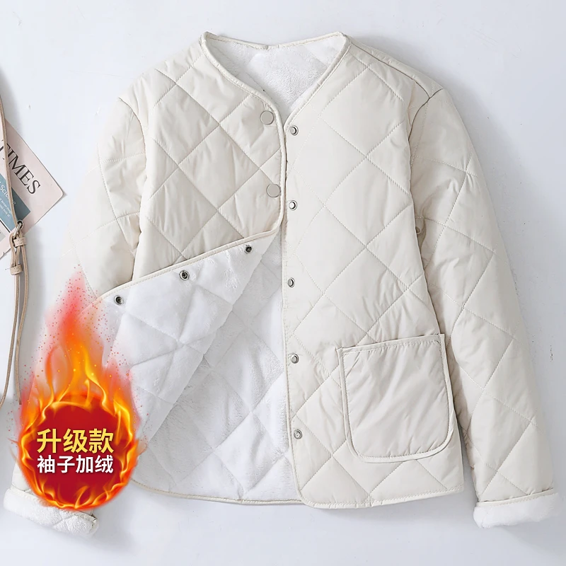 2023年冬季新款加绒加厚内穿保暖衣时尚羊羔绒女士短款大口袋棉服