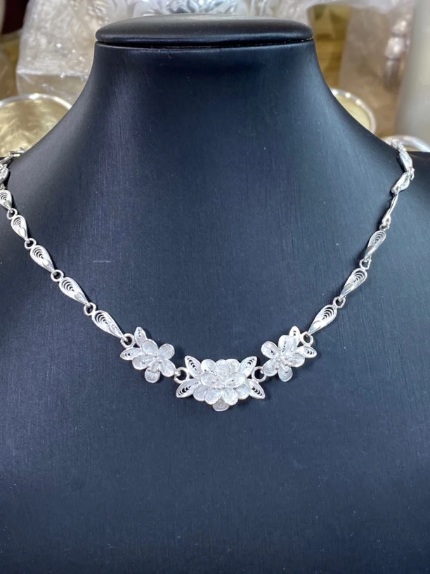 链子足银 侗石記手工拉丝山茶花项链