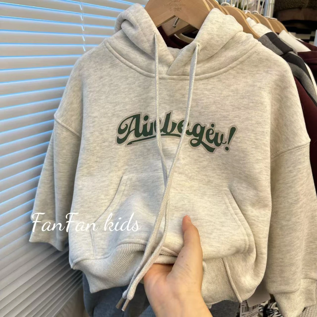 韩风连帽加绒卫衣韩系儿童套头衫童装长袖撞色圆领宝宝休闲上衣