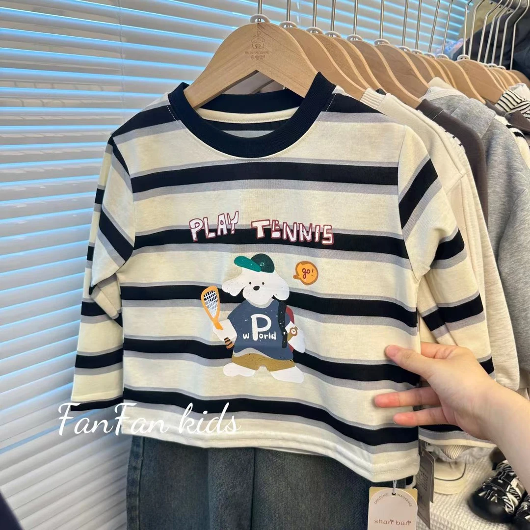 男小童秋季新款韩系条纹可爱卡通印花圆领打底T恤百搭休闲款上衣