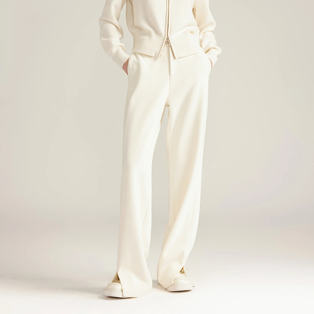 【专柜款】直筒百搭针织显瘦高腰简约白色休闲裤6520