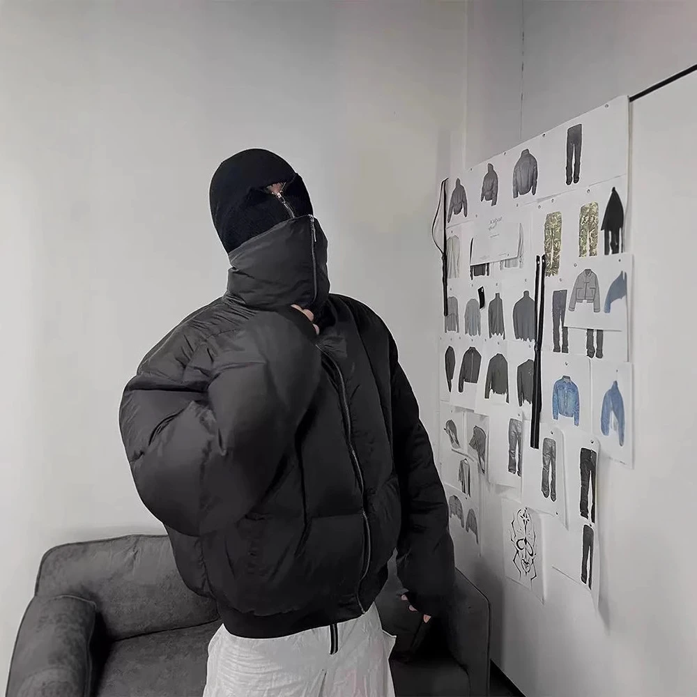 高货 90白鸭绒棉休闲服保暖小众高级感黑色盔甲立领面包情侣外套