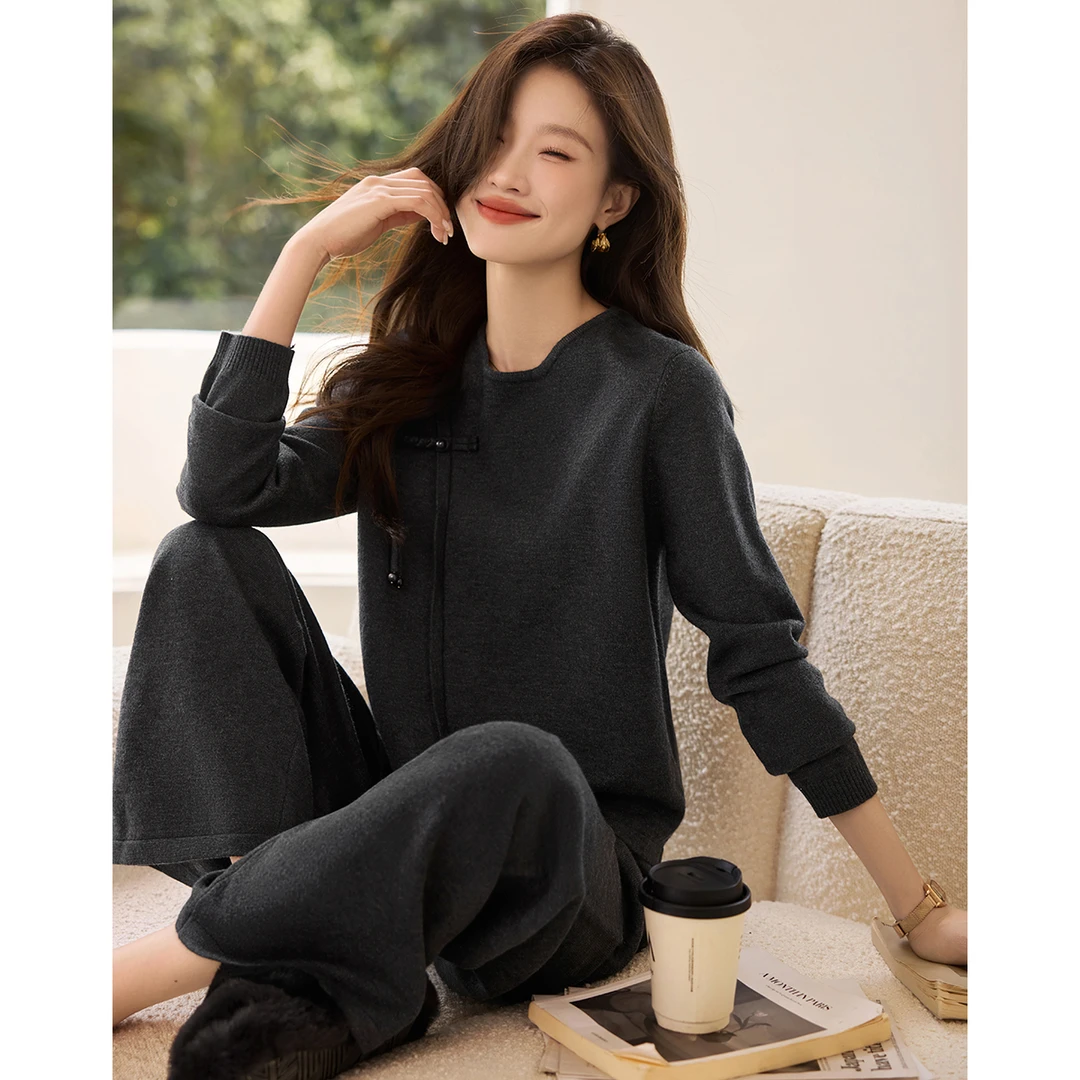 沫晗依美2024冬季新款气质通勤不对称门襟设计新中式阔腿裤套装女