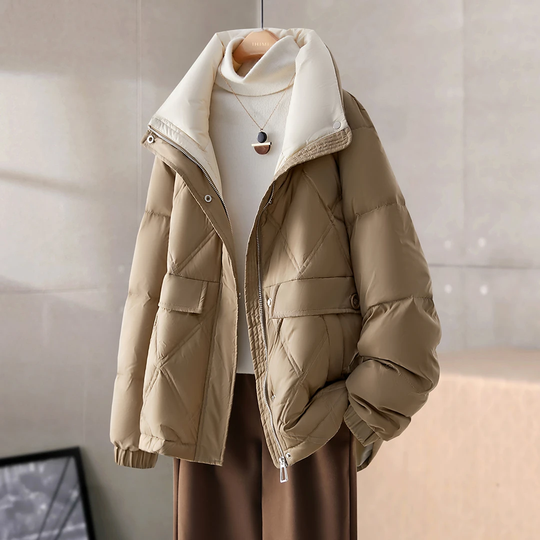 IHIMI2023年冬款休闲百搭立领菱格纹抽绳收腰保暖外套羽绒服A016