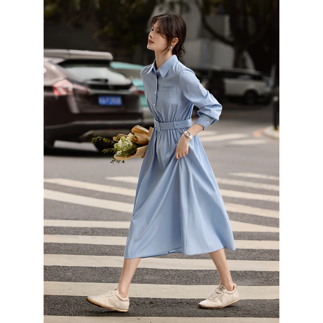 XWI/欣未2025年秋季新款时尚蓝色条纹款气质衬衫领A字连衣裙B004