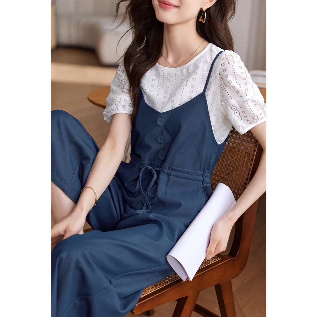沫晗依美牛仔背带裤套装2024夏新款休闲舒适百搭女套装A023