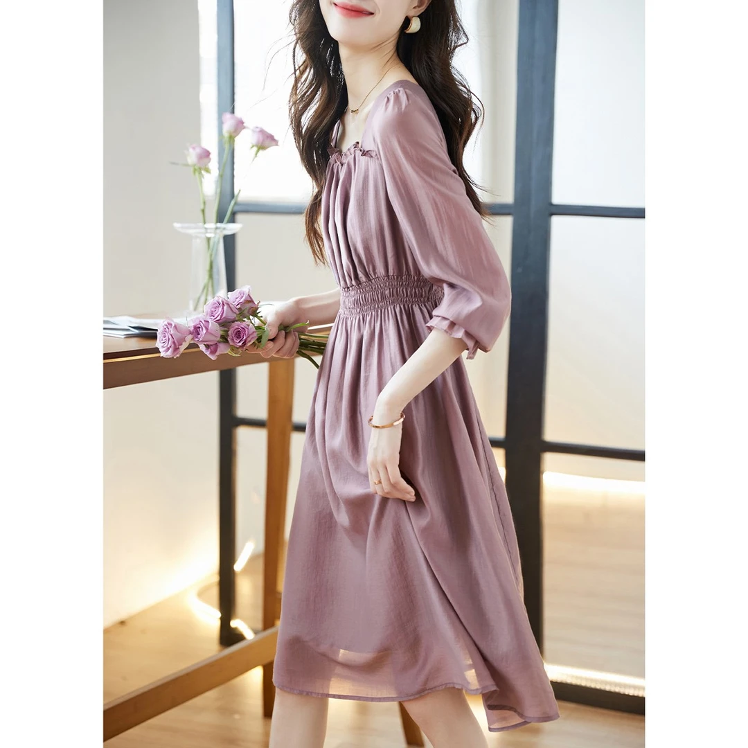 沫晗依美2022秋季新款复古气质收腰显瘦法式桔梗长袖连衣裙A218