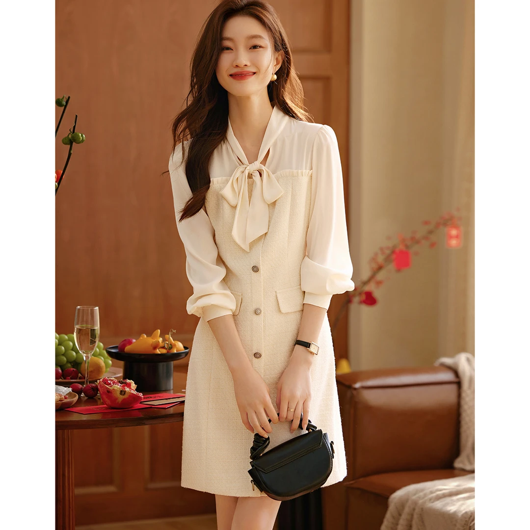 沫晗依美2025秋款小香风收腰显瘦法式蝴蝶结气质优雅连衣裙女A067