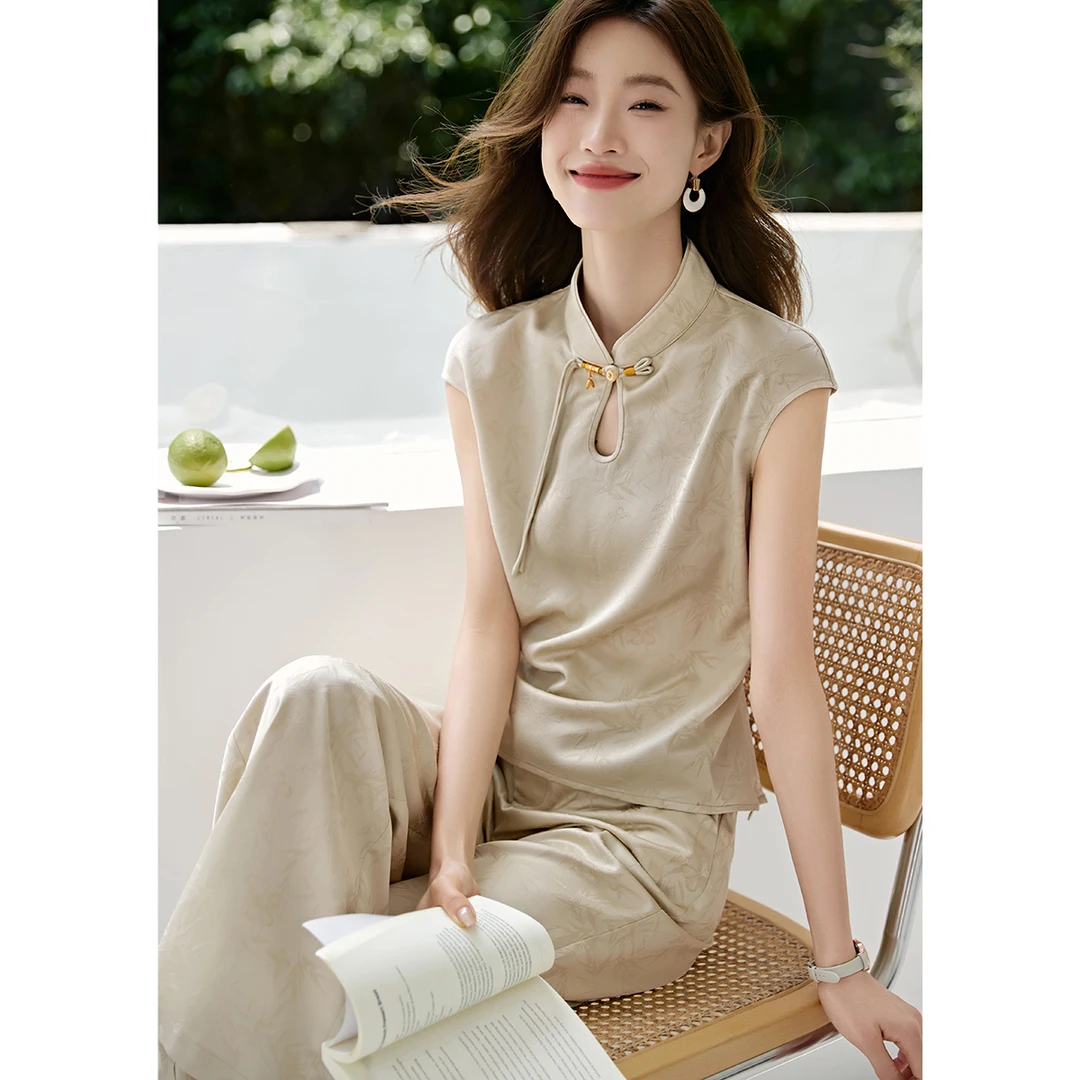 沫晗依美25夏新款新中式气质显瘦无袖上衣直筒裤两件套套装女B028