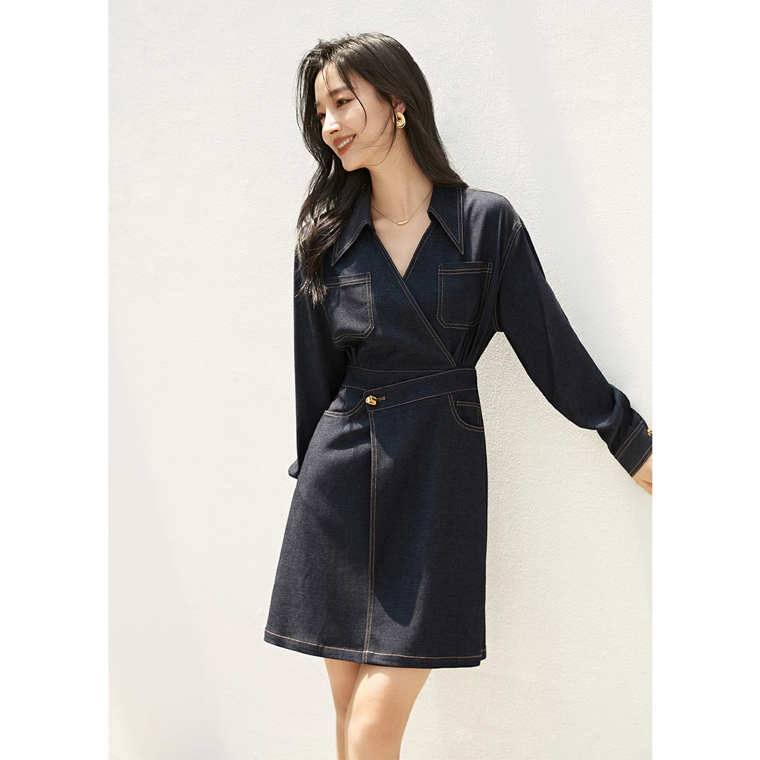 沫晗依美25年秋新撞色金属装饰休闲高级不对称设计裙子连衣裙1066