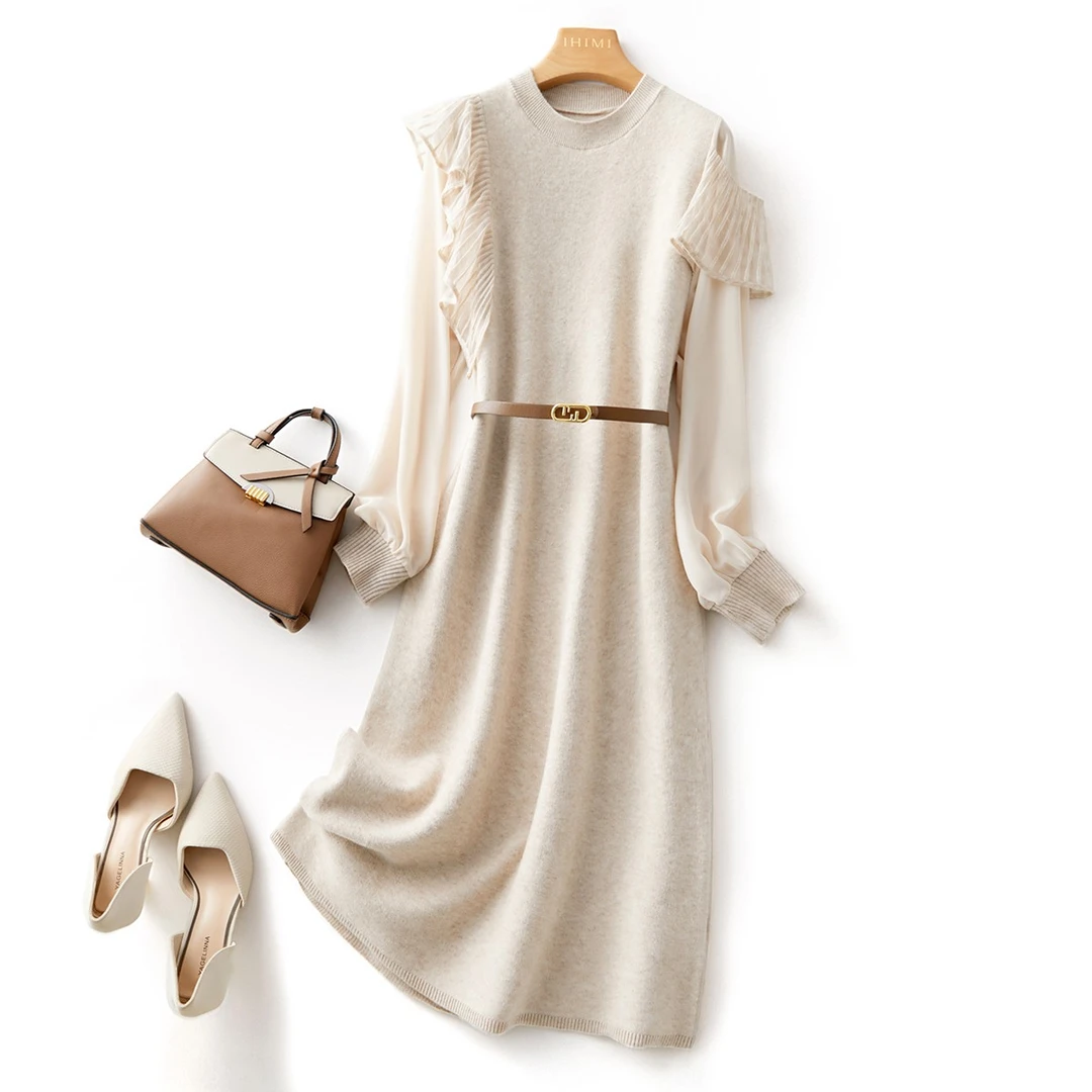 IHIMI/海谧2025秋冬新款气质针织长裙纯色a字裙显瘦打底裙连衣裙