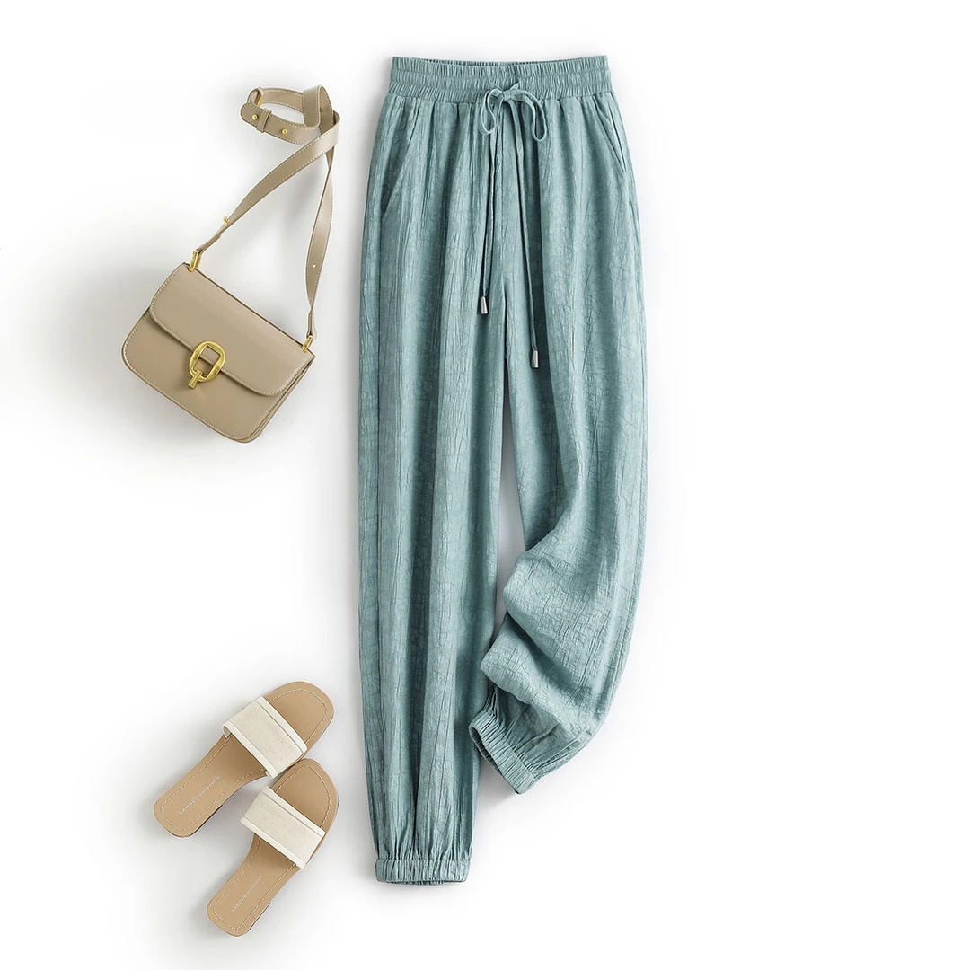 IHIMI25夏新款女装时尚简约百搭松紧腰舒适束脚裤高腰休闲裤3A009