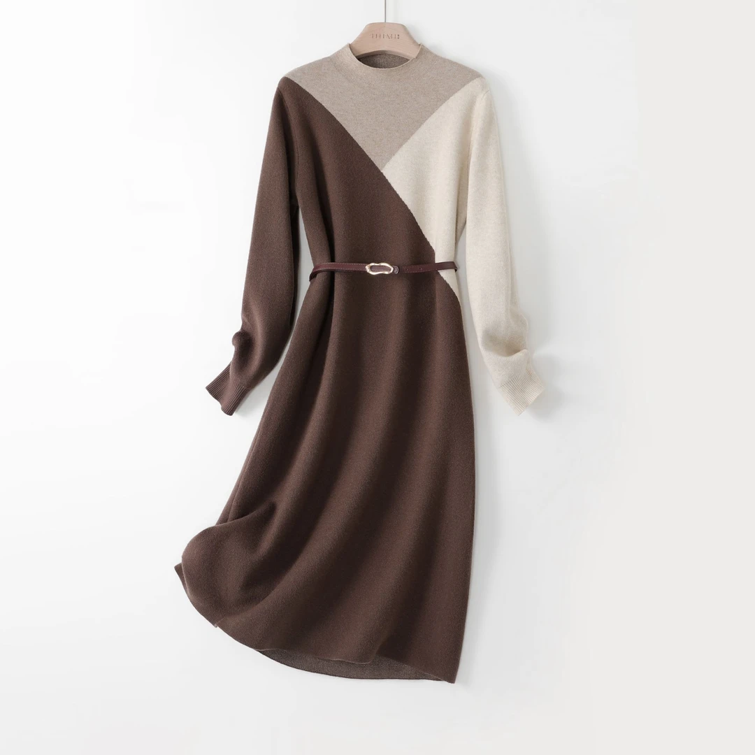 IHIMI/海谧2024冬季新款时尚拼接撞色简约收腰显瘦保暖针织连衣裙