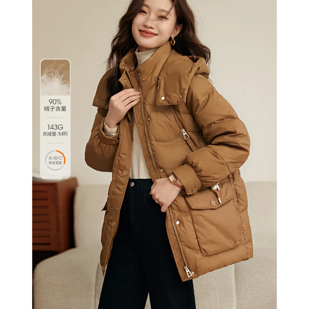 沫晗依美2025冬季新款正品保暖通勤百搭简约舒适连帽羽绒服A089