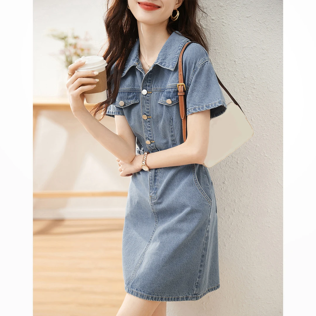 沫晗依美2025夏款时尚休闲气质收腰显瘦舒适通勤牛仔连衣裙女A289