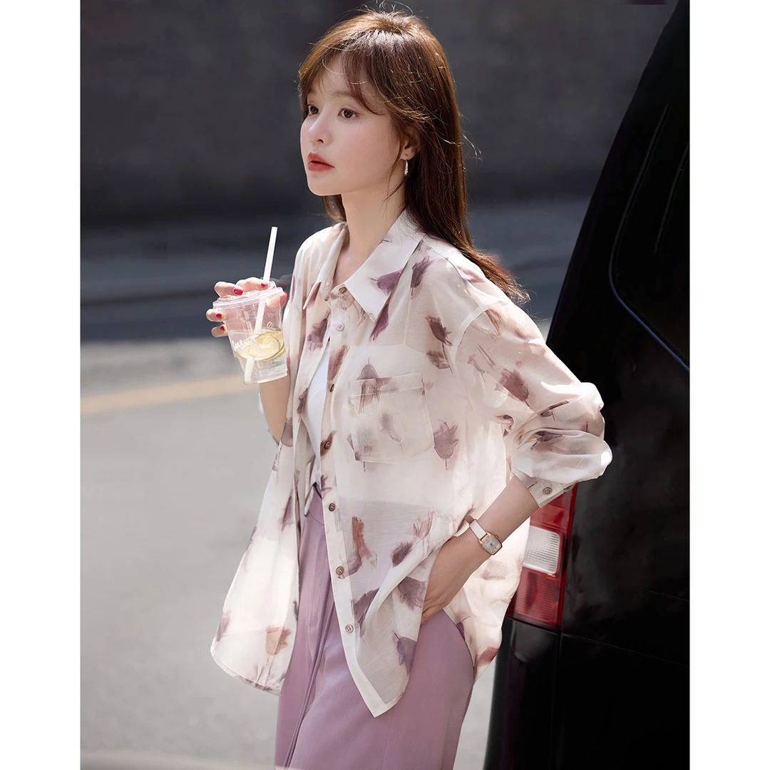 沫晗依美2025夏款时尚气质松弛感复古花卉印花长袖衬衫短外套B009