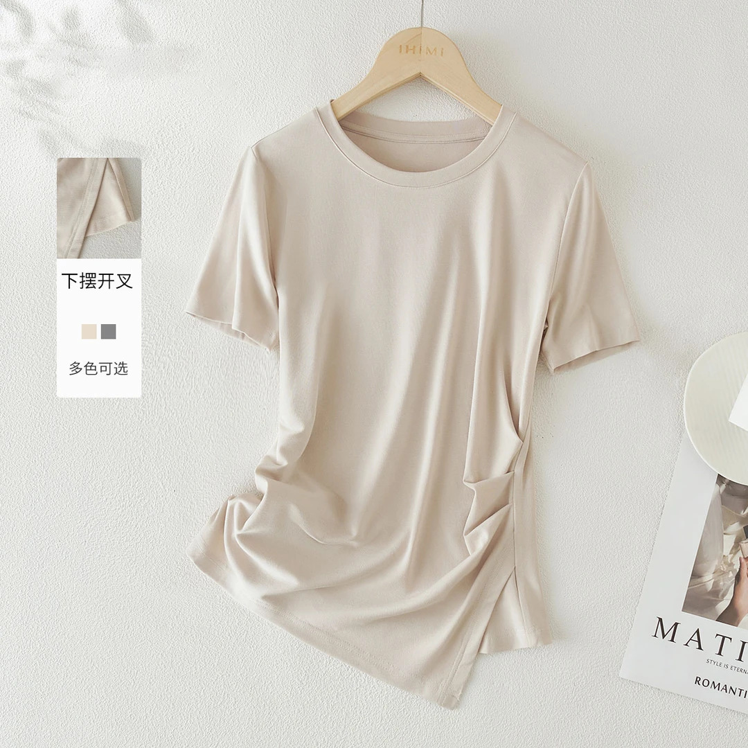 IHIMI2025年夏季新款女装简约百搭柔软舒适休闲感收腰显瘦抽褶T恤