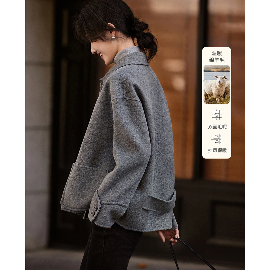 XWI/欣未2023冬季新款气质简约小个子通勤休闲短款手工双面呢大衣
