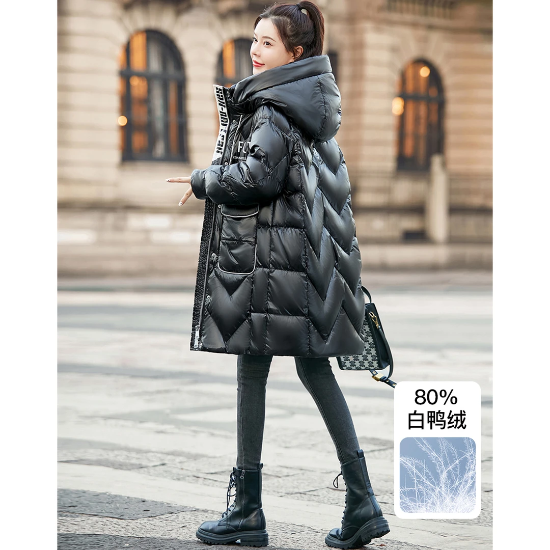 沫晗依美2023冬款时尚百搭拉链外套连帽中长款女士保暖羽绒服C016