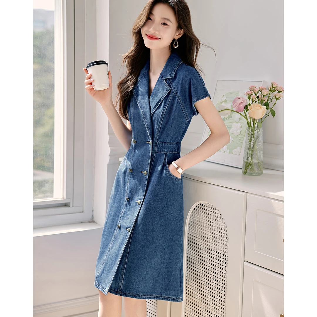 沫晗依美25夏新款连衣裙高级小众休闲收腰显瘦百搭牛仔连衣裙A067