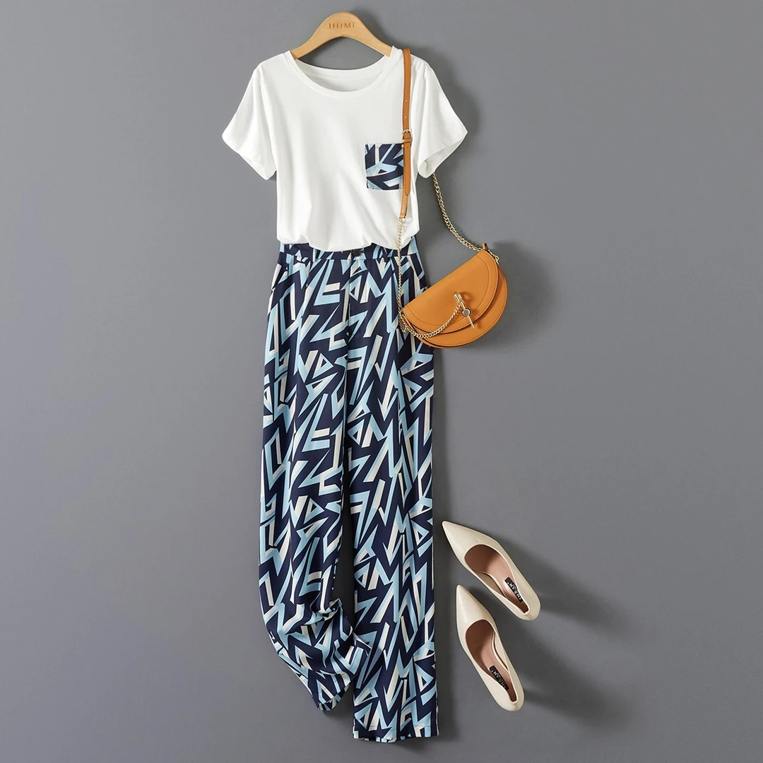 IHIMI2025夏季新款休闲短袖t恤时尚百搭裤子显瘦两件套套装女A003