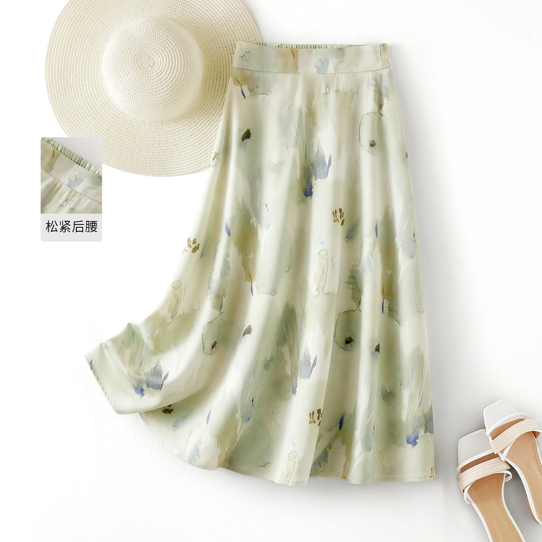 IHIMI2025夏季新款女简约时尚百搭清新感印花后腰松紧半身裙A008