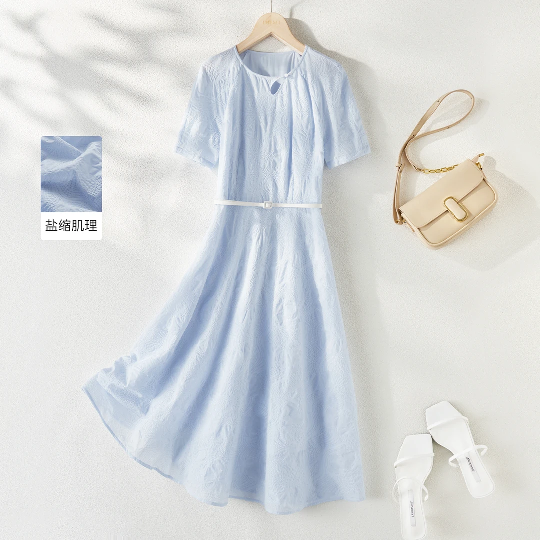 IHIMI2025夏款时尚简约知性气质小众收腰显瘦中长款连衣裙女4B027