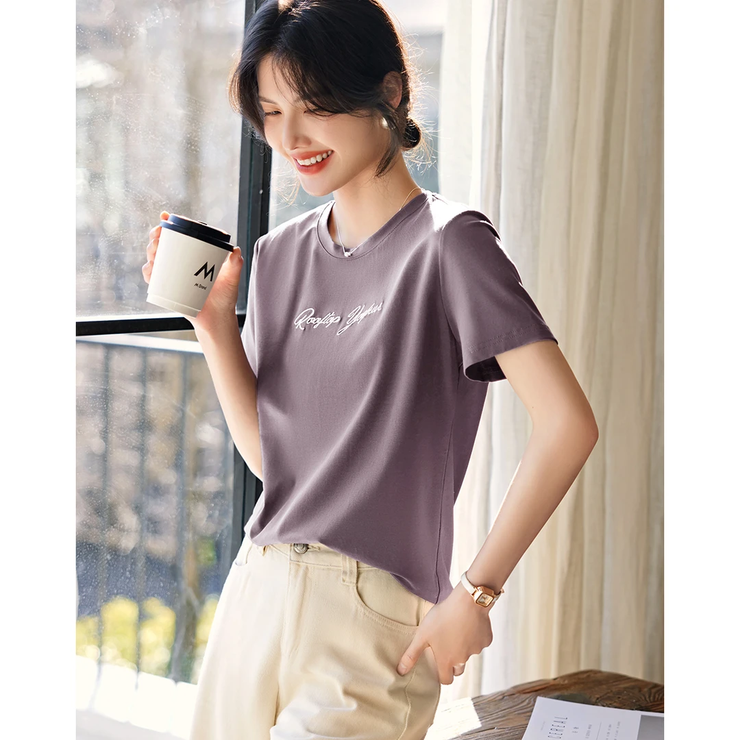 XWI/欣未2025夏季新款圆领日常百搭刺绣绣花字母设计气质简约T恤