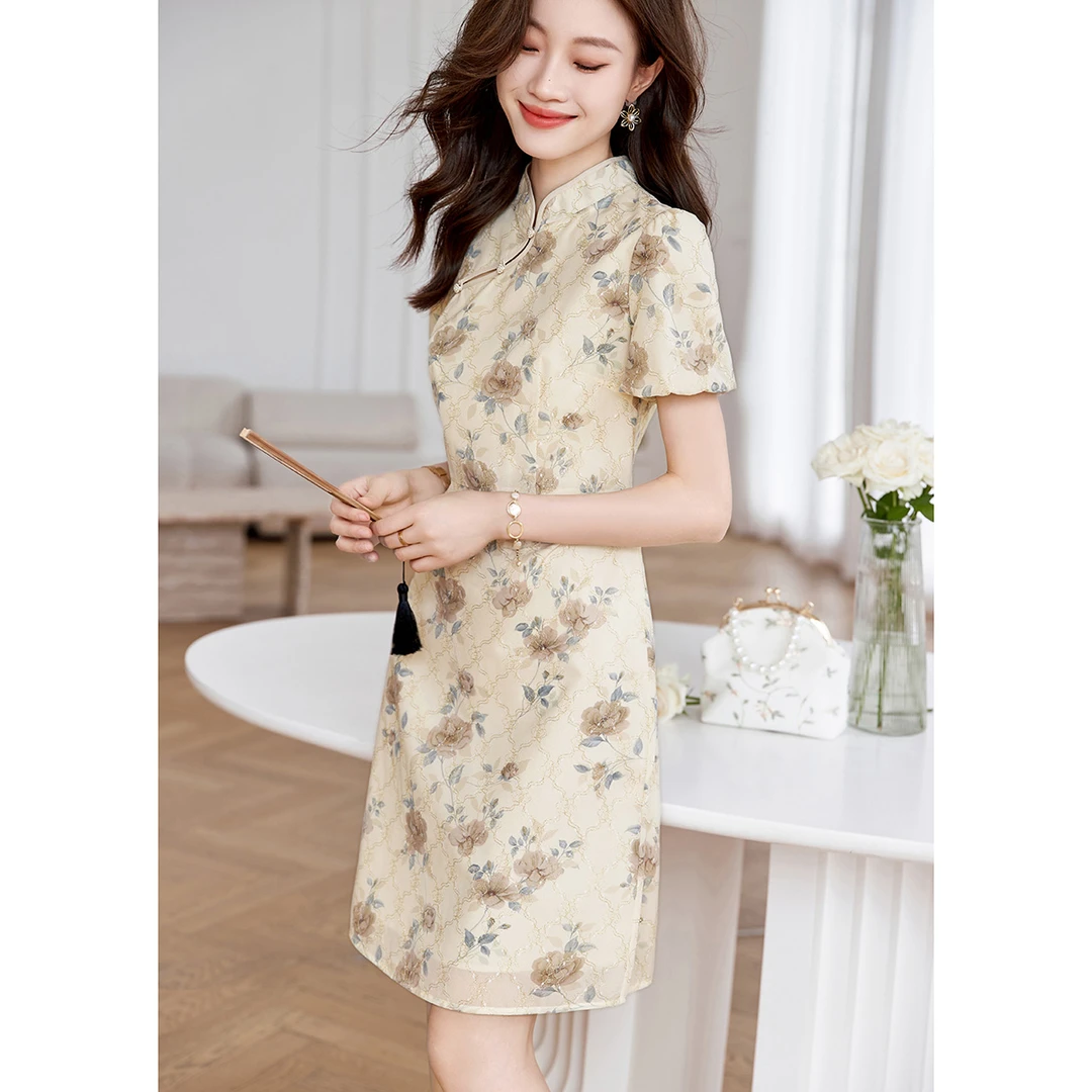 沫晗24年夏季新款女装简约收腰显瘦泡泡袖气质优雅连衣裙B009