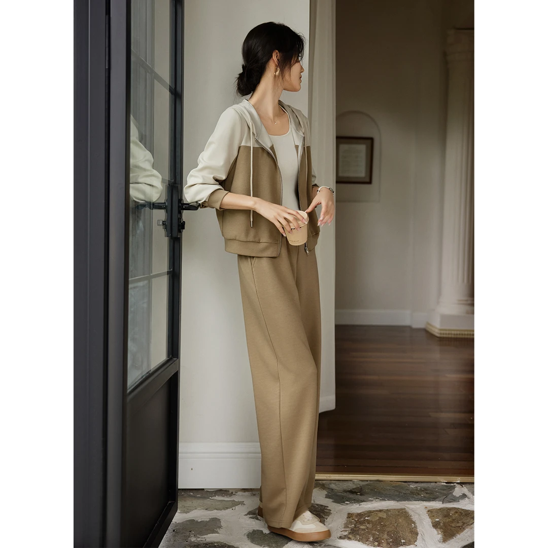 XWI/欣未休闲百搭拼色连帽卫衣套装2025春季新款拼色轻休闲套装女