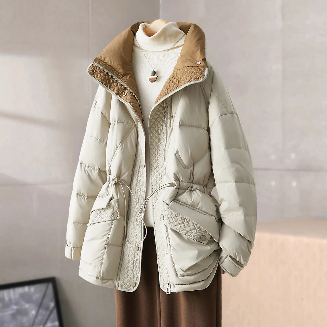 IHIMI 2023冬新款女简约百搭设计感撞色收腰保暖羽绒外套女士A065