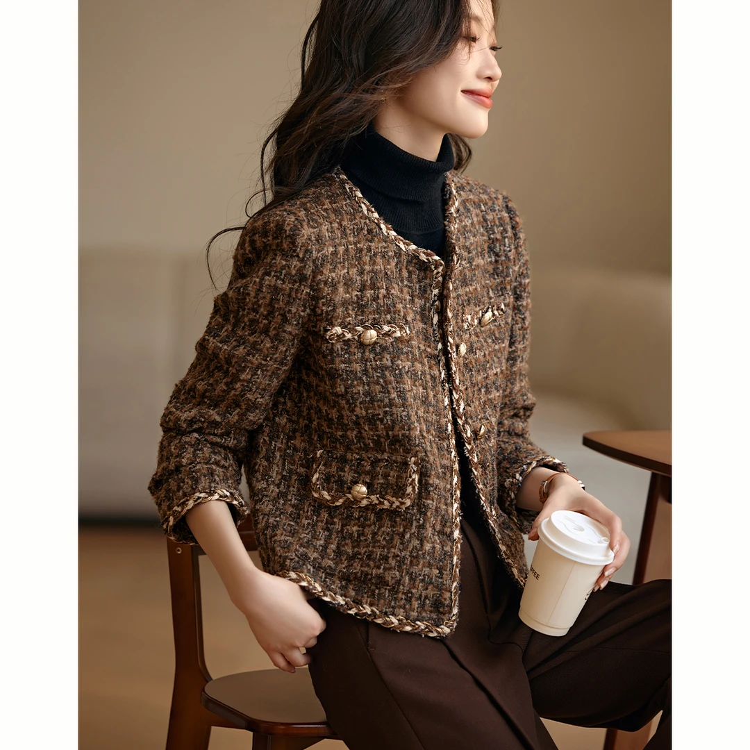 沫晗依美2023冬季新款重磅亮丝粗花呢名媛千金风粗花呢小香风外套