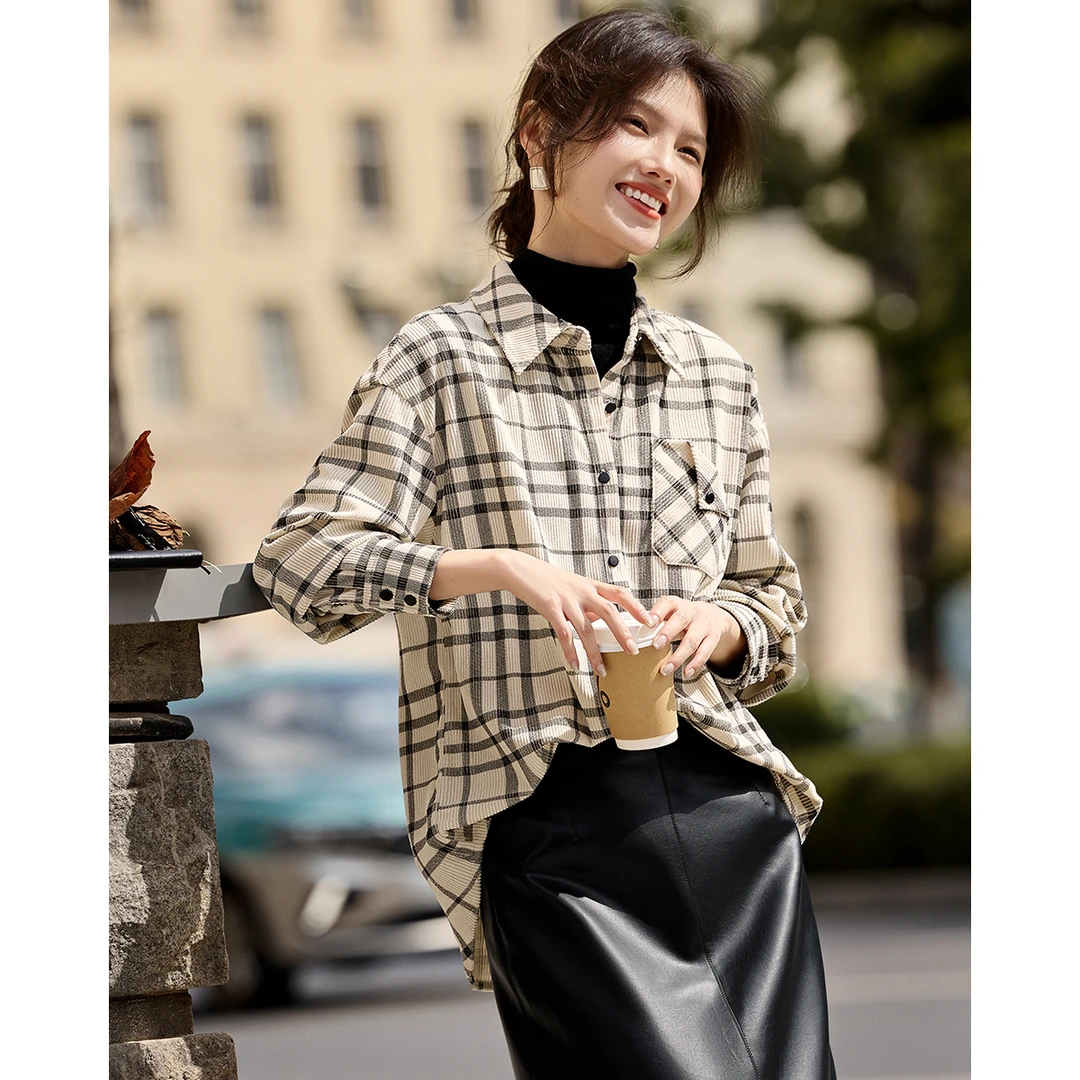 XWI/欣未2024冬季新款气质知性撞色格纹衬衫英伦气质撞色格纹衬衫