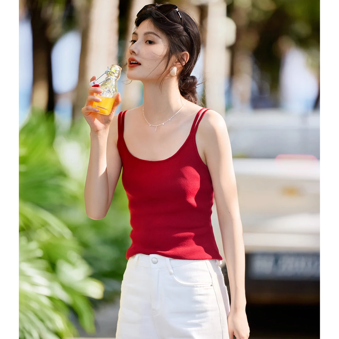 XWI/欣未夏季凉爽纱线红色无袖针织背心吊带2025夏新款女显瘦吊带