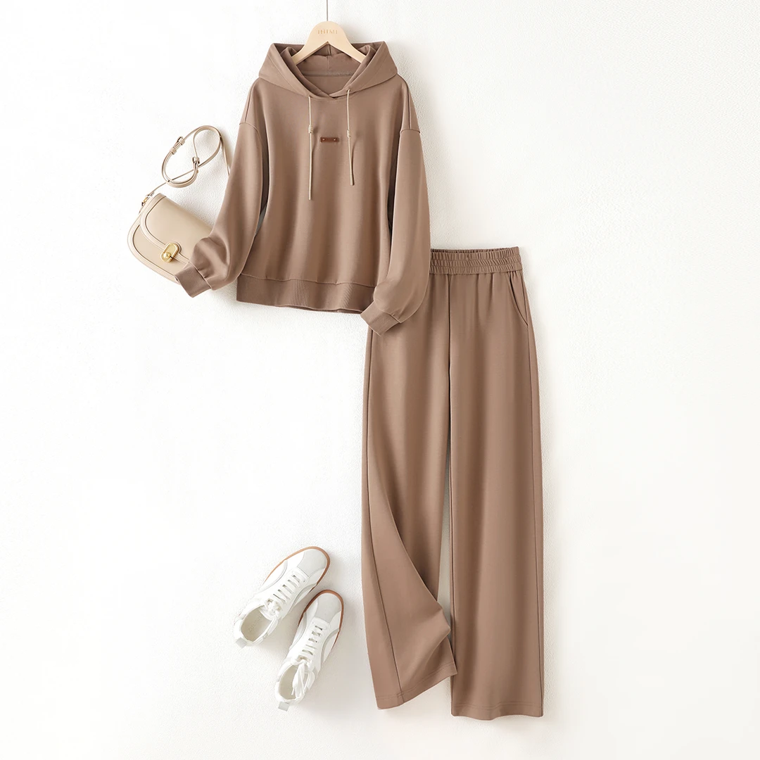 IHIMI/海谧2025春款连帽卫衣简约休闲卫衣+松紧腰直筒裤两件套装