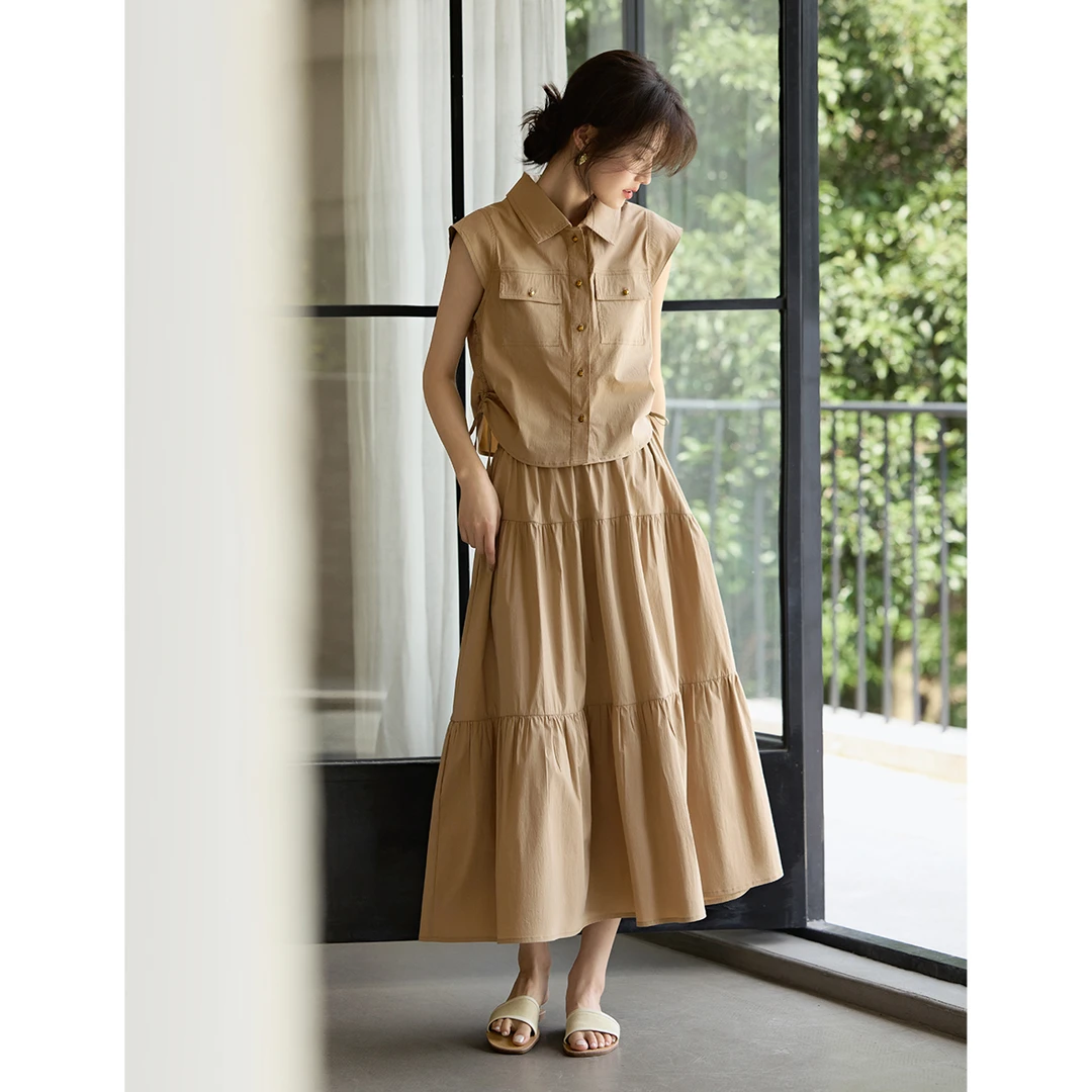 XWI/欣未2025夏季新款时尚气质工装风无袖衬衫抽褶半裙套装6A005