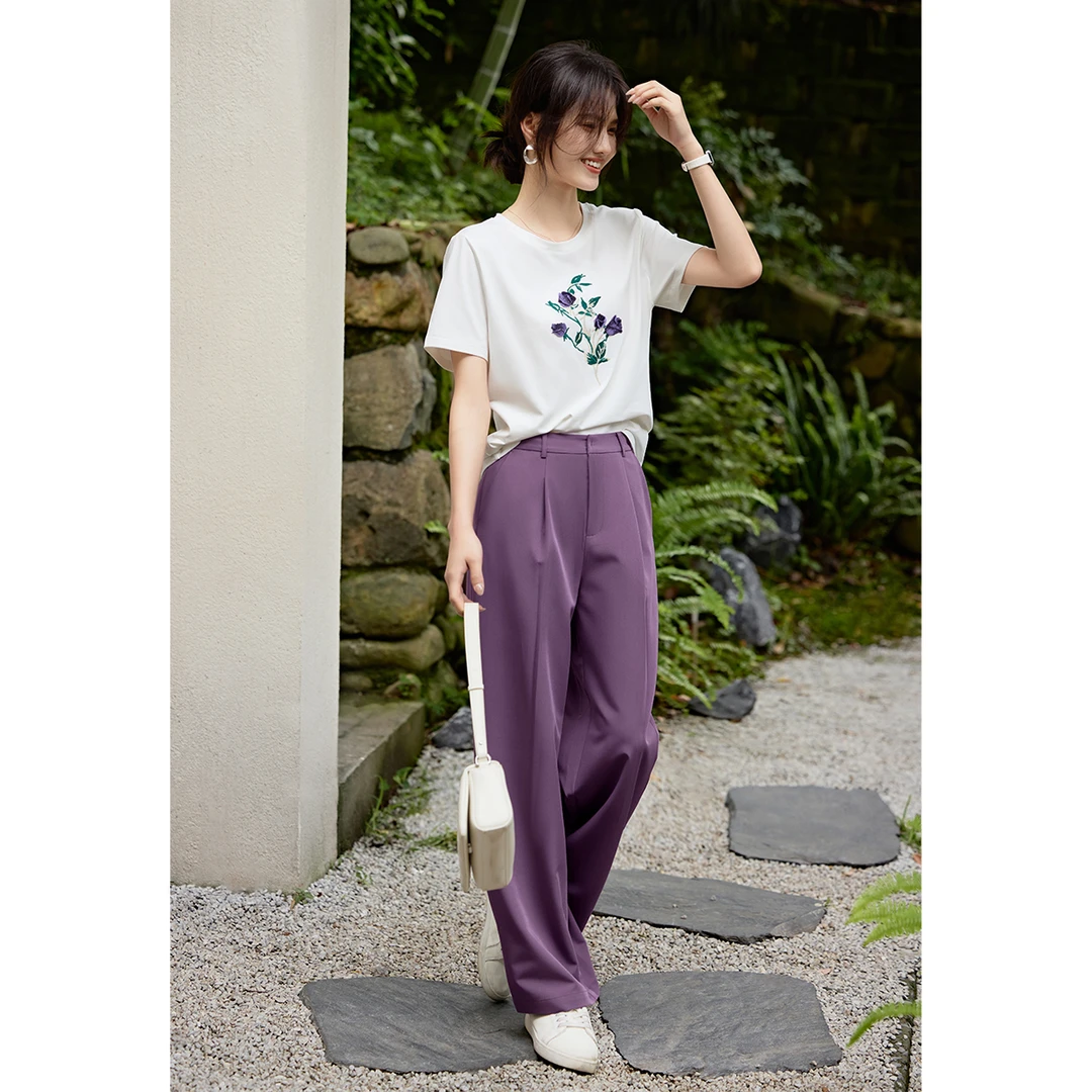 XWI/欣未2025春季新款时尚精致刺绣花朵T恤休闲长裤两件套装B001