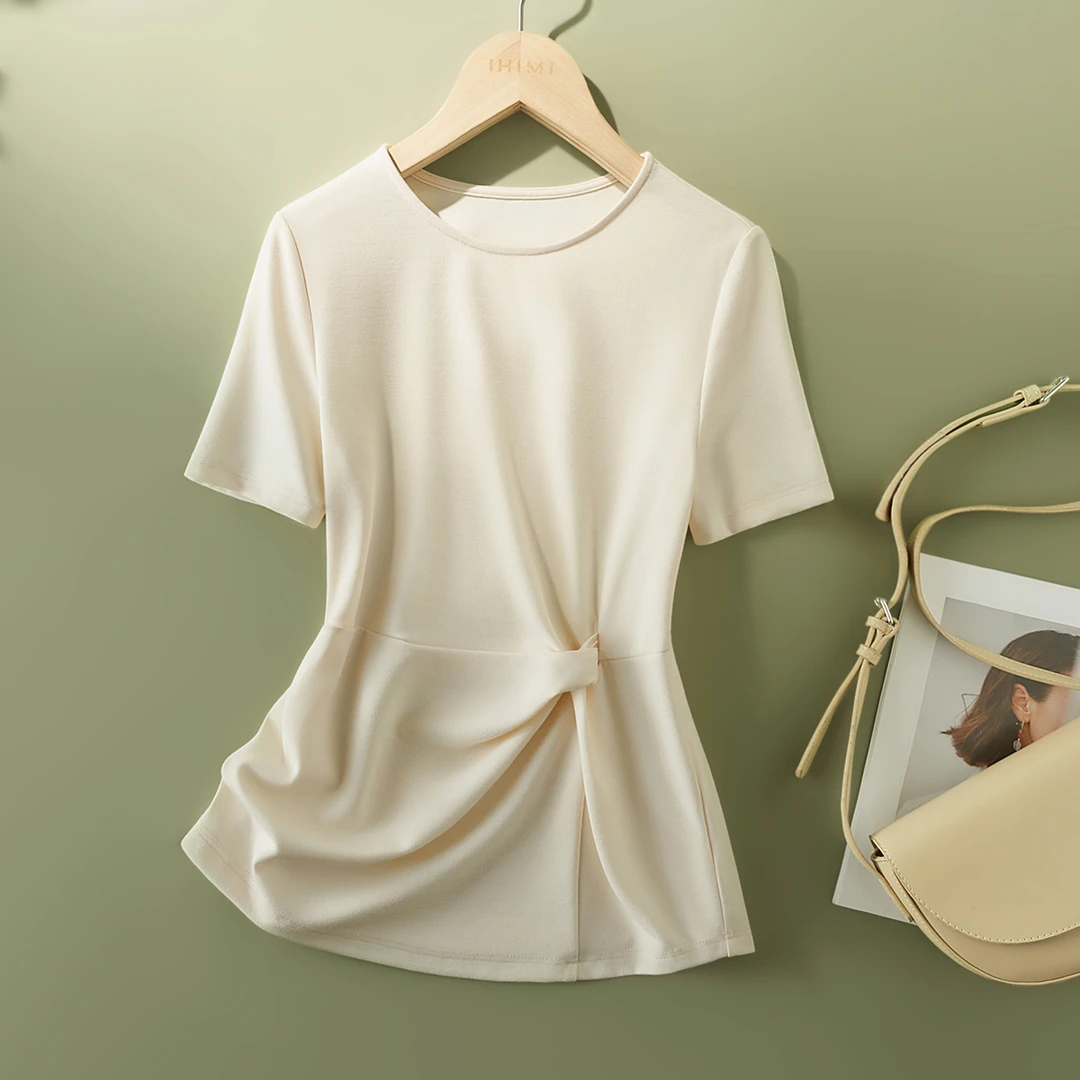 IHIMI2025夏新款女装简约时尚设计感扭结收腰短袖百搭气质T恤上衣