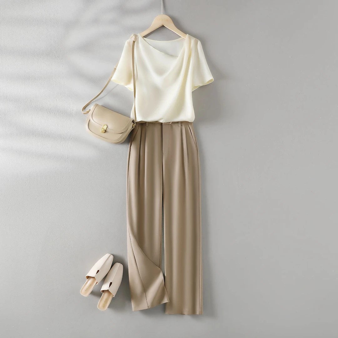 IHIMI25夏新款气质简约知性显瘦荡领小衫直筒休闲裤两件套装4A005