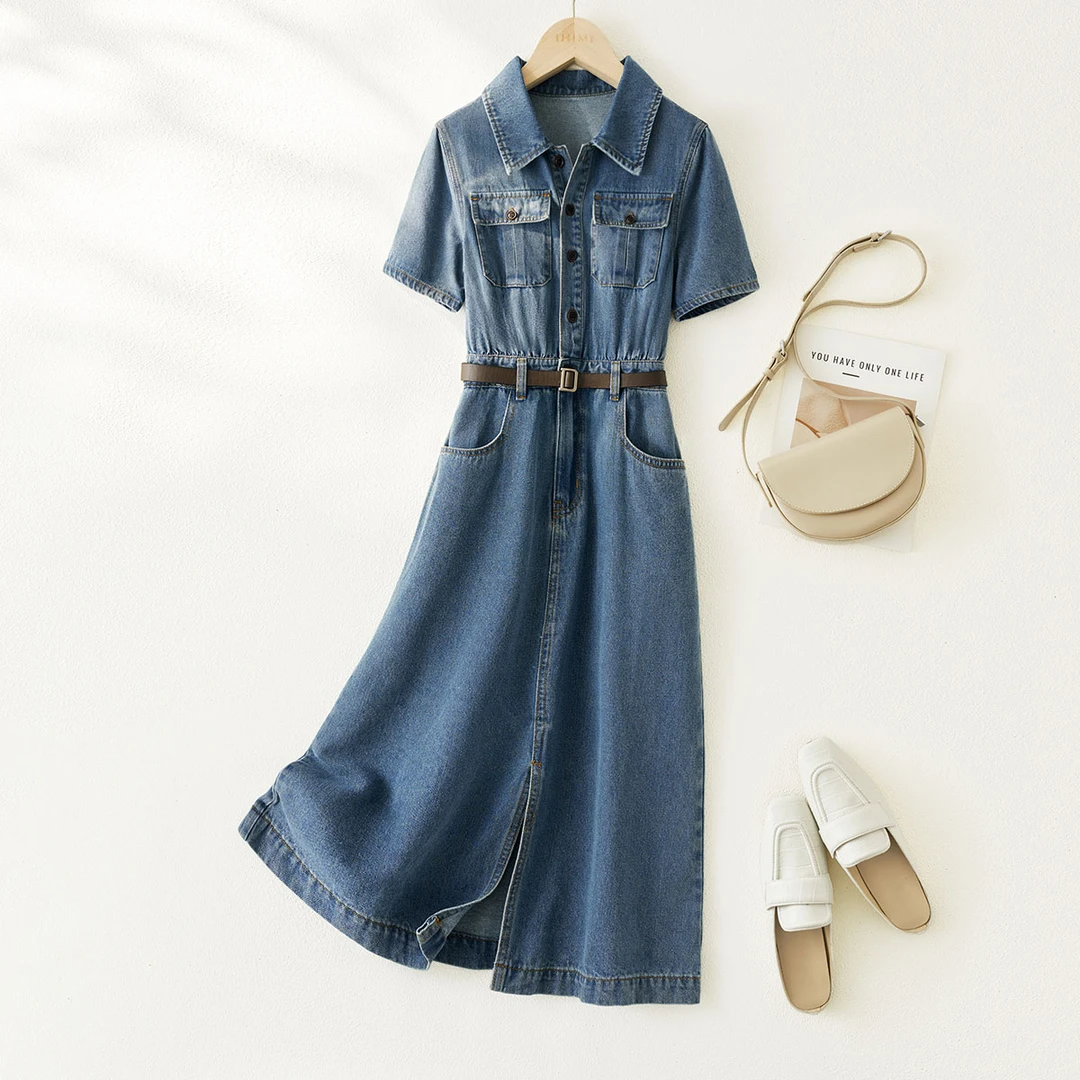 IHIMI2025年夏新款气质时尚复古工装感简约中长款牛仔连衣裙B002