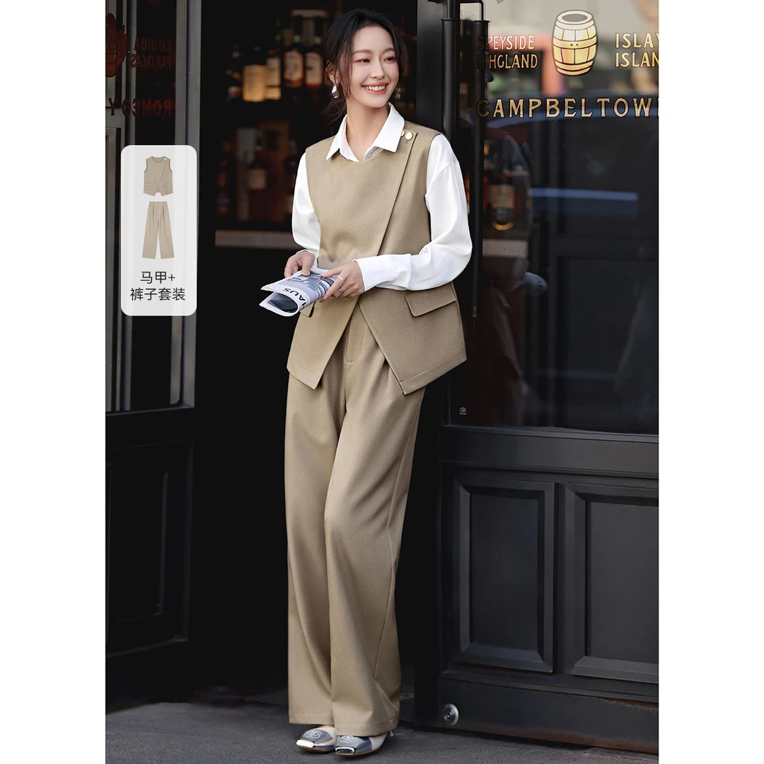 沫晗依美2025秋款通勤OL风西装不规则无袖马甲裤子两件套套装A033