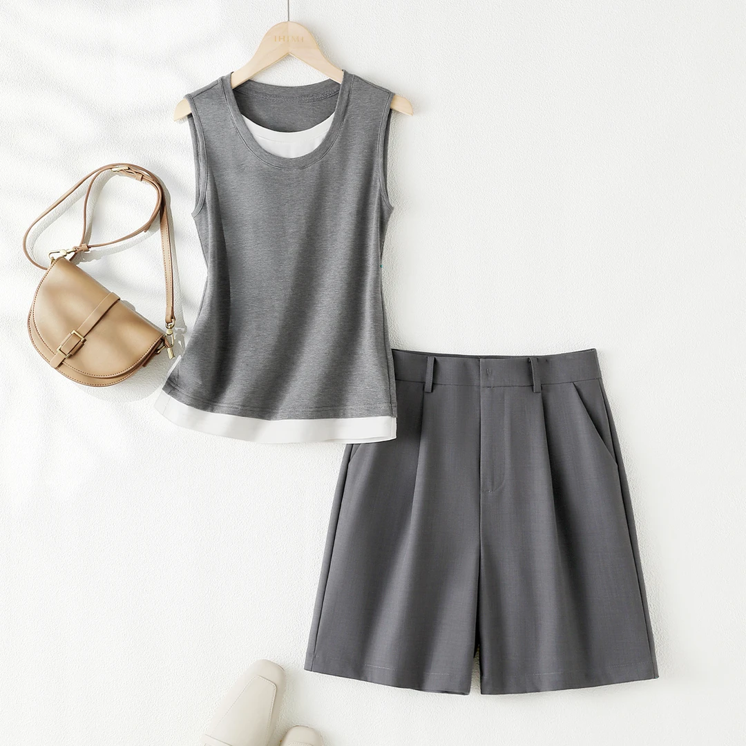 IHIMI海谧 25夏新款休闲撞色背心上衣简约百搭短裤两件套装6A013
