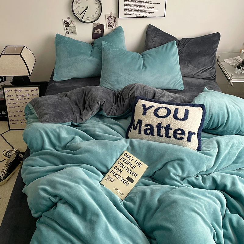 简约牛奶绒四件套床单冬季床品珊瑚绒被套纯色法莱兰绒被罩三件套