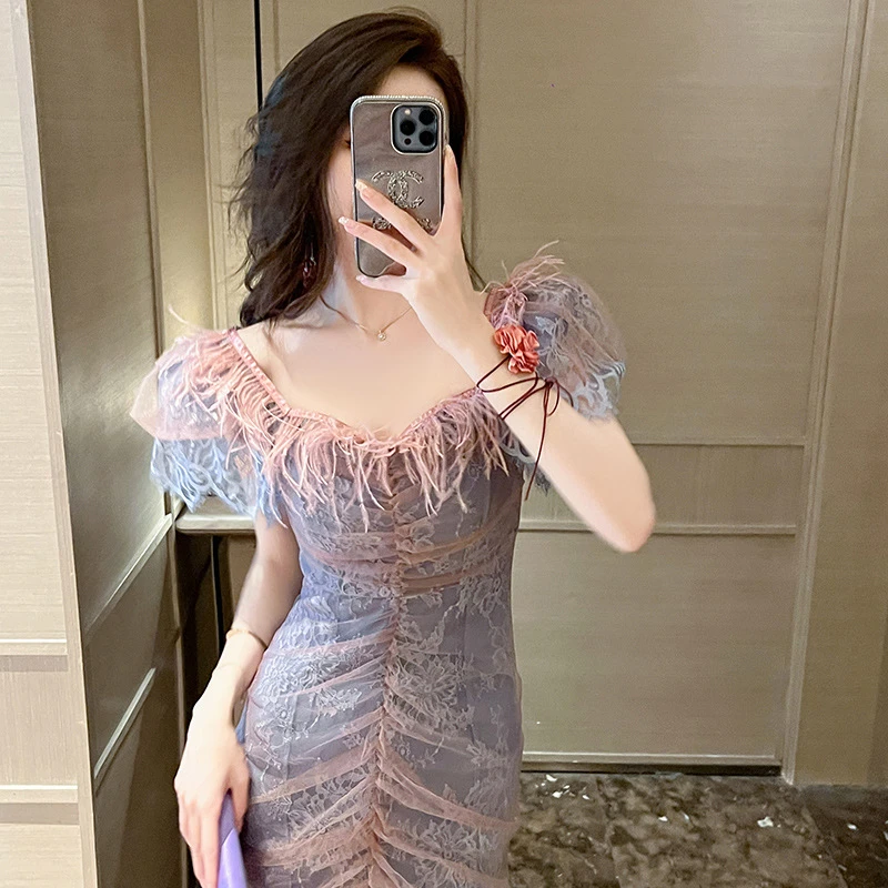 生日派对礼服裙女夏季新款名媛设计感方领泡泡袖网纱连衣裙10709
