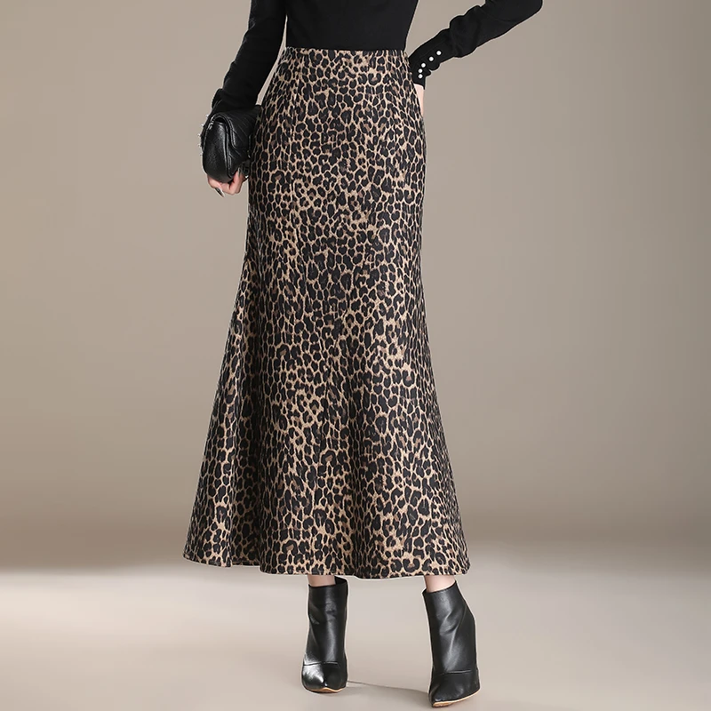 豹纹鱼尾裙半身裙女秋冬2024新款高腰显瘦中长款一步包臀裙
